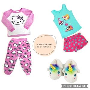 Pajamas lot (XS 4/5) with unicorn slippers (9/10)